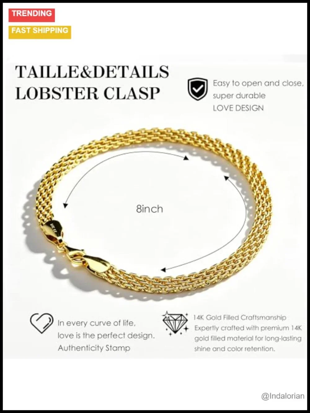14K Gold Filled Dainty Mesh Link Chain Bracelet Women Men Waterproof